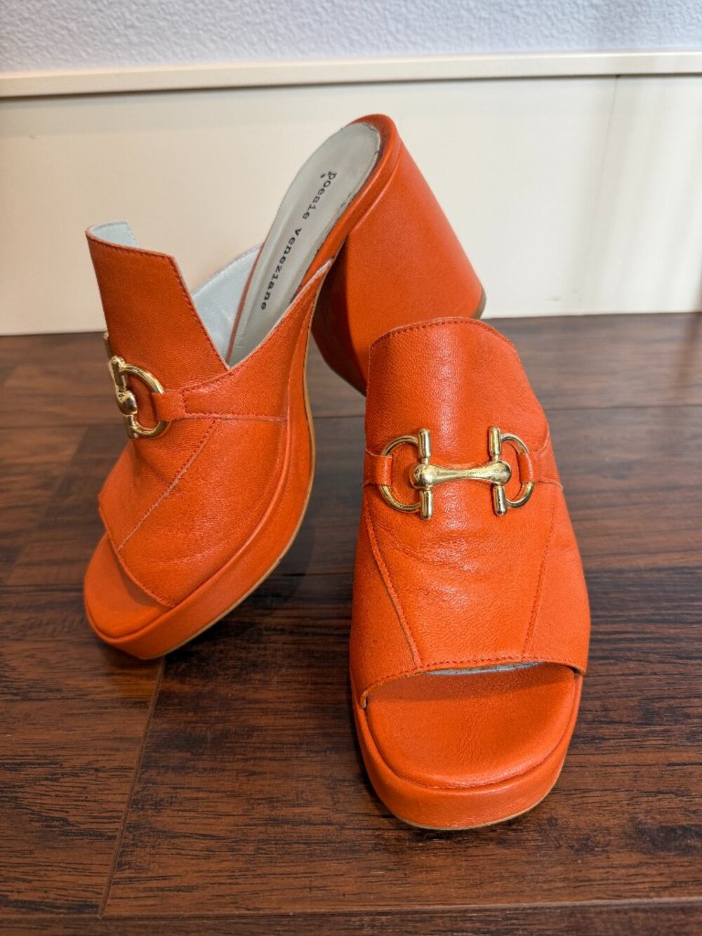 Poesie Veneziane Orange Leather Horsebit Platform Mule Heels EU 39 Made in Italy